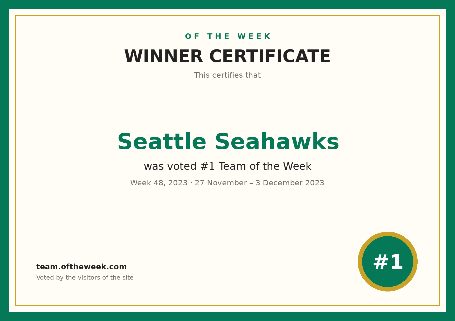 Certificate — Seattle Seahawks
