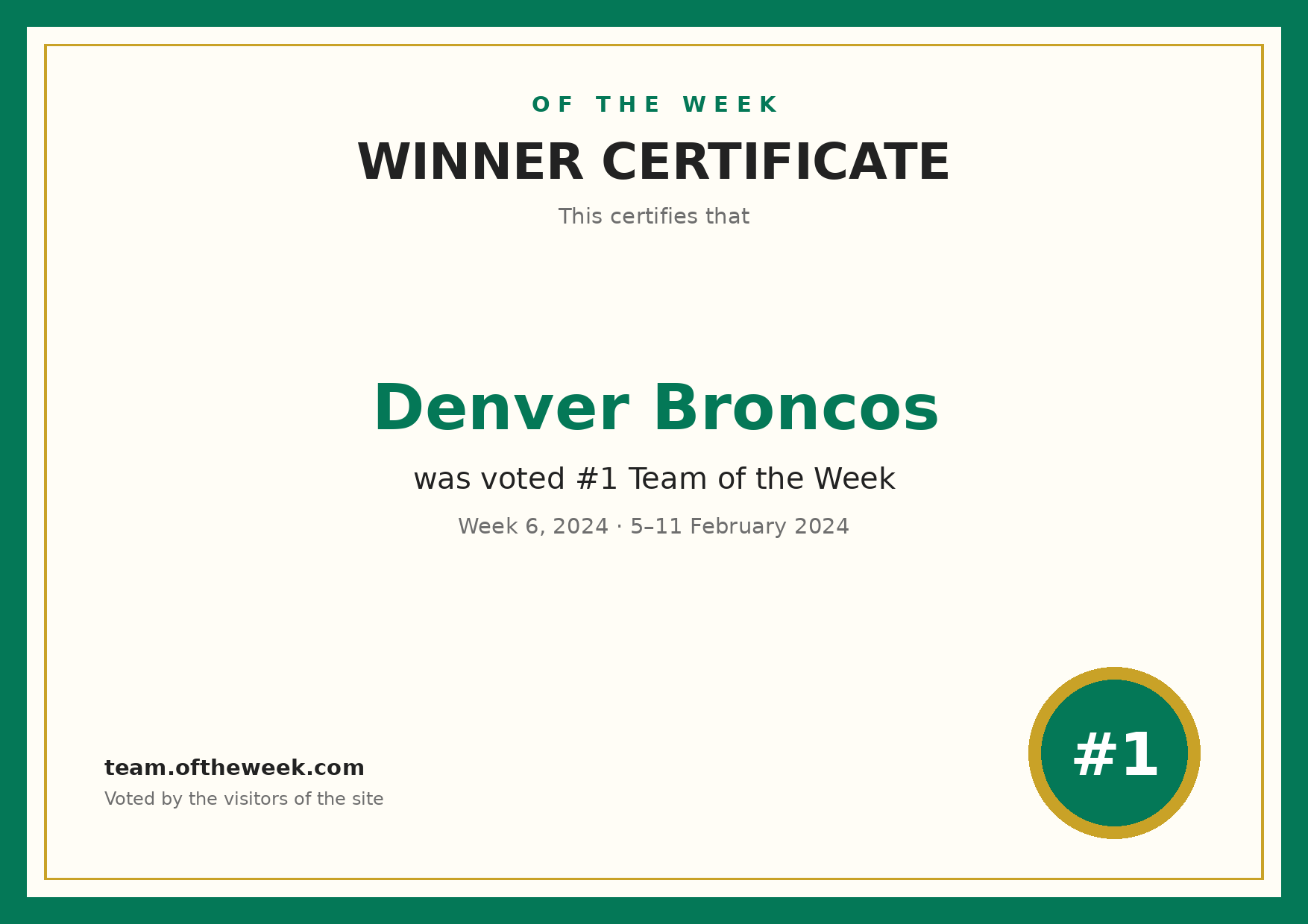 Certificate — Denver Broncos